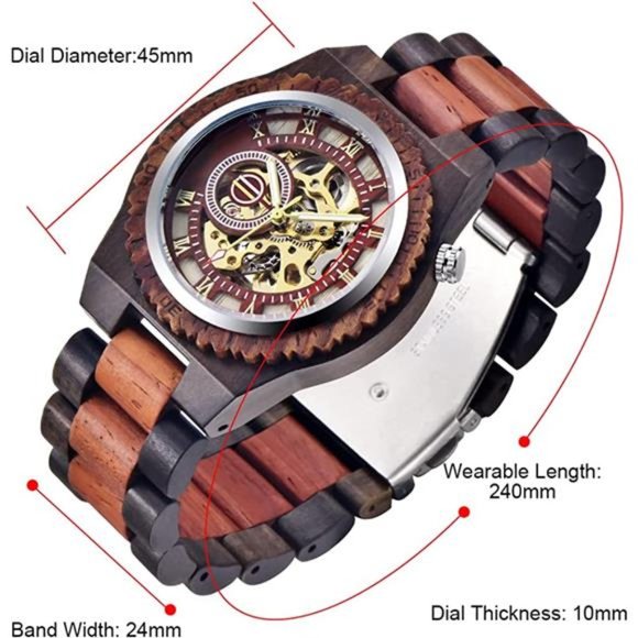 Men's Wooden Watch Skeleton Automatic Movement Wood Watch Self-Winding Watches - Picture 2 of 7